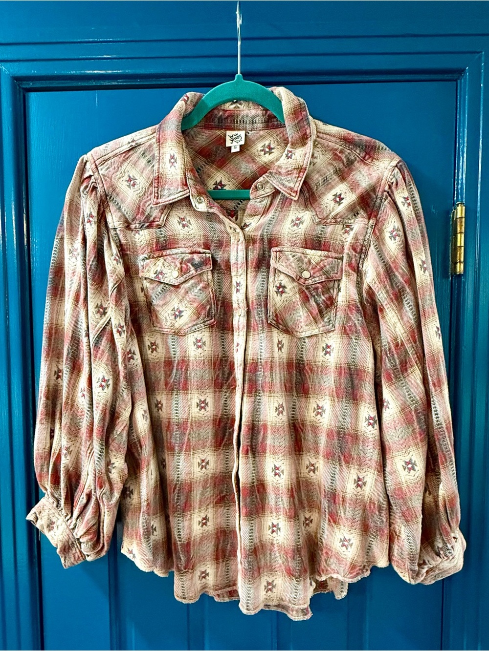 ivy jane Red Cream Plaid Puff-Sleeve Pearl Snap Blouse
